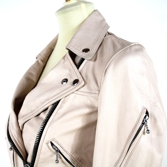 Allsaints Prescott Pink Smooth Lamb Leather Biker Jacket 4 Zip Cropped Moto 0 - Picture 4 of 8